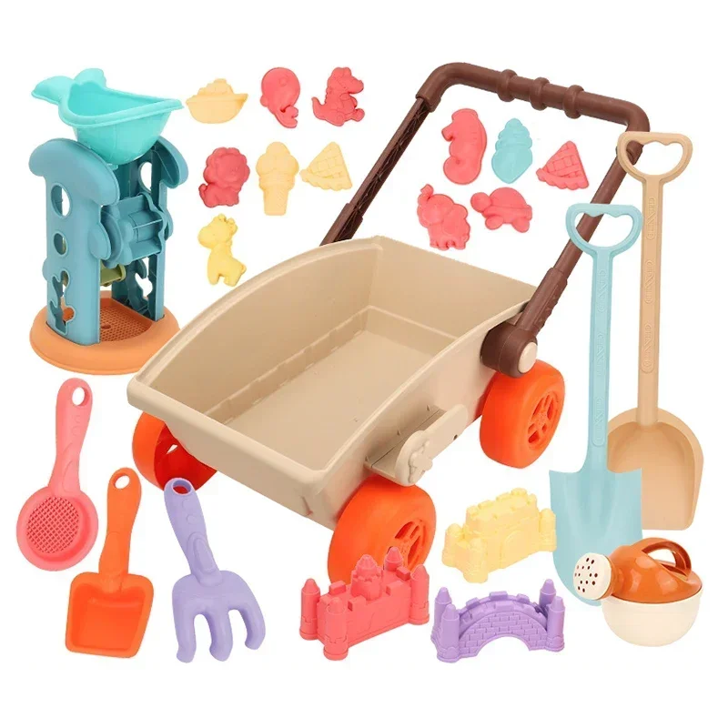 23Pcs Beach Toys Set for Kids Trolley Toddlers Collapsible Sand Bucket Shovels Set Mesh Bag Sand Molds Sandbox for Kid