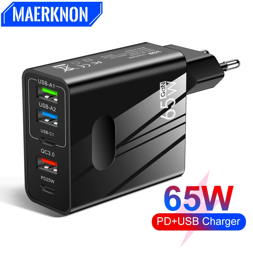 

65W GaN USB Charger PD Fast Charge Charger Quick Charge 4.0 For iPhone Xiaomi Samsung Huawei 5Port CellPhone GaN Charger Adapter