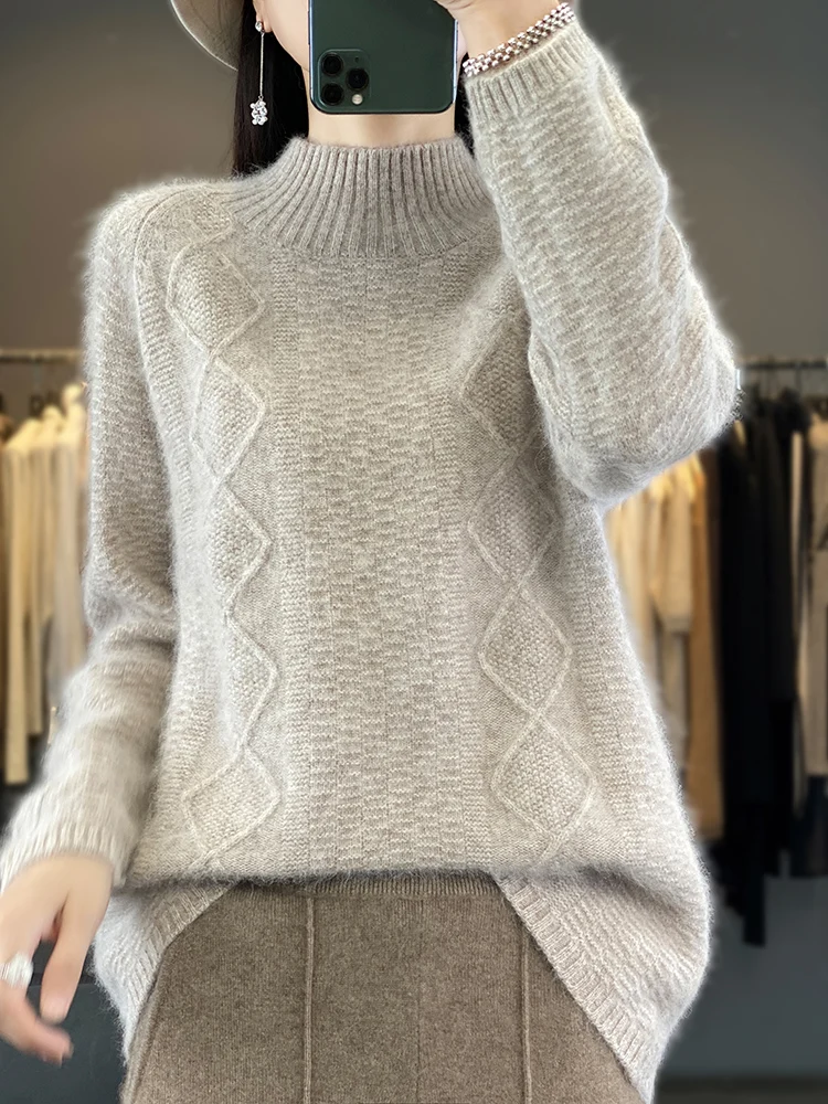 

Aliselect 2024 New Autumn Winter Women Sweater Mock Neck 100% Pure Mink Cashmere Pullovers Plus Size Knitwear Thick Warm Jumpers