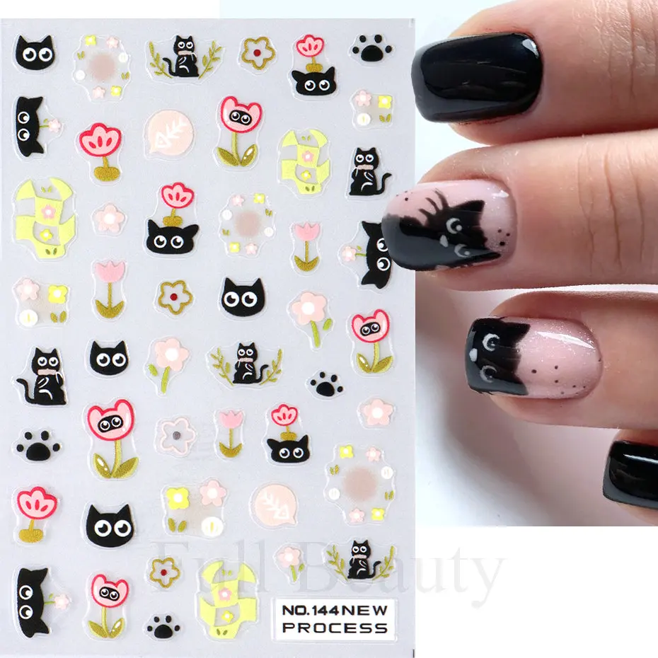Nail Stickers Cute Black Cat Decals 3D Cat Flowers Nail Art Decoration Cute Cartoon Sliders Summer Manicure