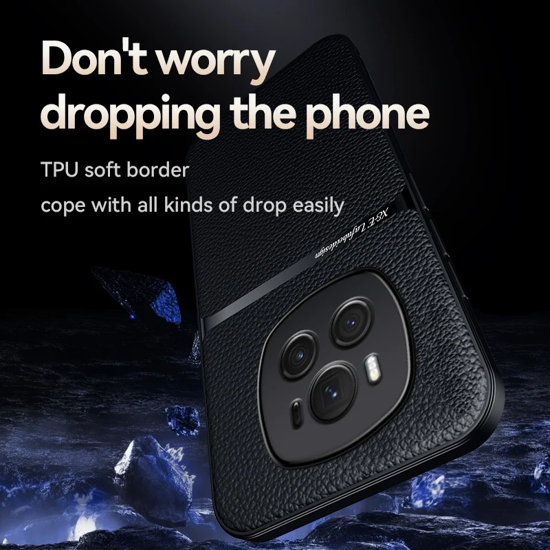 Magnetic Car Holder Leather Phone Case with Shockproof Silicone Back Cover