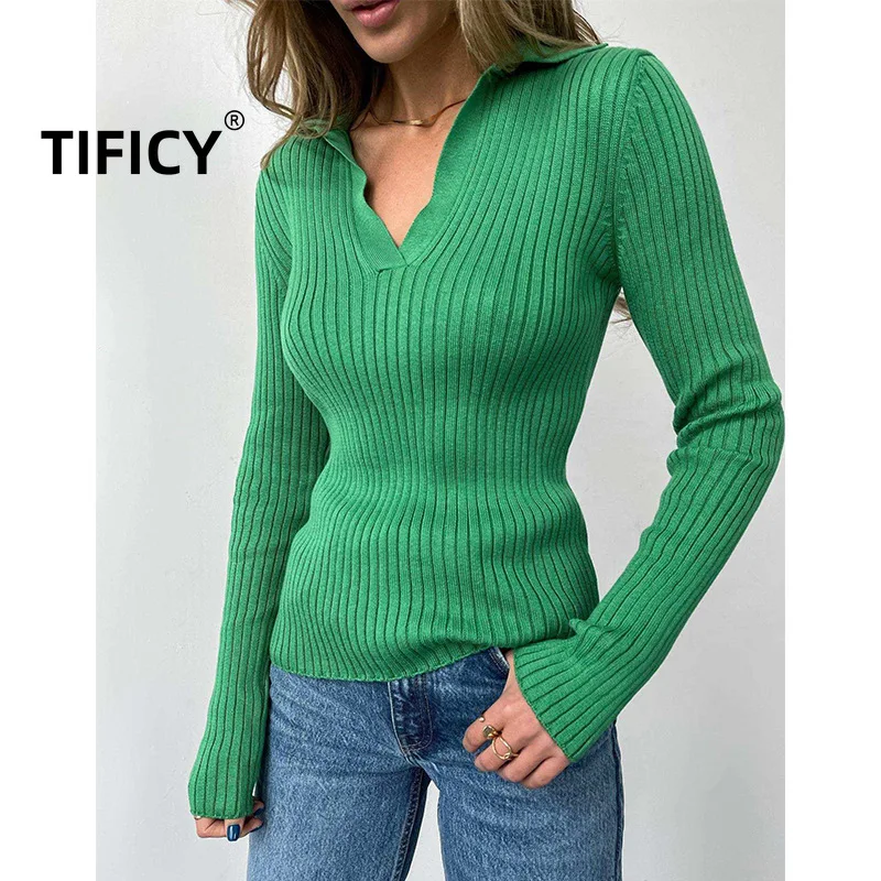 

POLO Neck Knitted Sweater Women's Autumn and Winter Temperament Commuter Elastic Slim Fit Pit Bottom Sweater Tops
