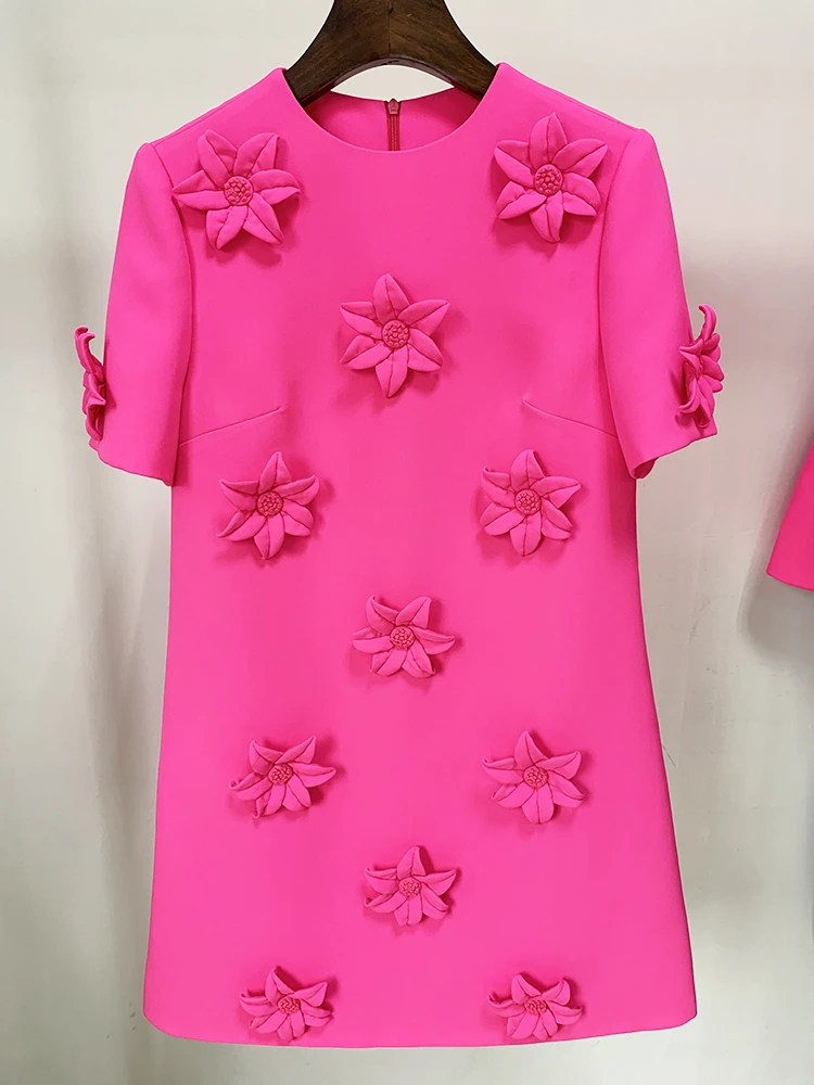 

HIGH QUALITY Newest 2023 Designer Fashion Women's Short Sleeve Handmade 3D Flowers Appliques Elegant O-neck Dress