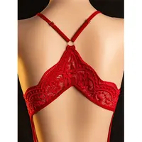 Sous-vêtements en dentelle à entrejambe ouvert pour femmes, soutien-gorge une pièce, culotte, Costumes érotiques sans entrejambe, costume de corps rouge chaud, perle, grande taille, string Sexy 2