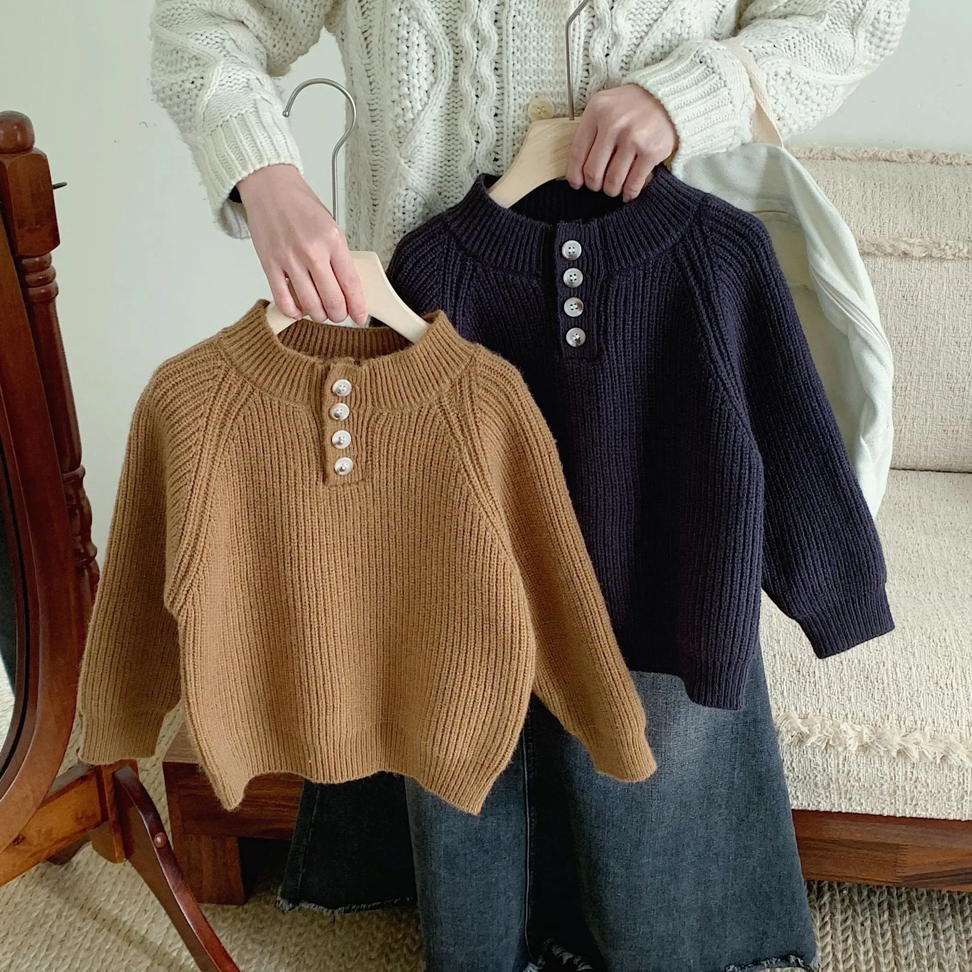 

Sweater Children Clothing Winter Korean Boys Solid Color Lazy Causal Baby Tops Striped Button 2023 Warm Fashion