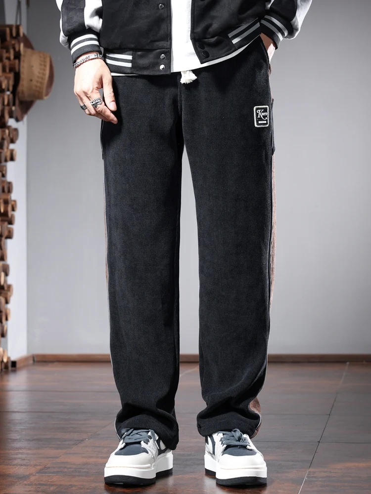 Baggy Straight Corduroy Pants Men Autumn Fashion Side Stripe Black Elastic Waist Drawstring Jogging Trousers