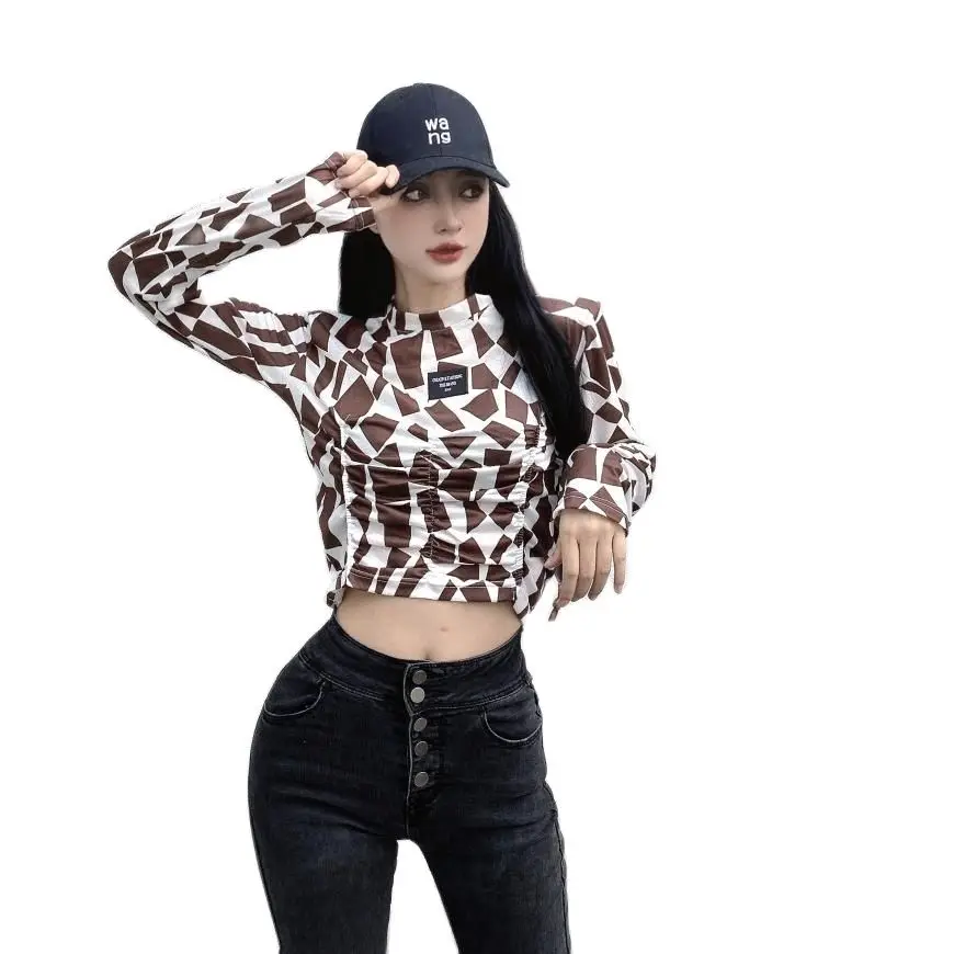 

Korean style fashion female drawstring pleated T-shirt short design woman slim tees letter patchwork irregular patterns tops