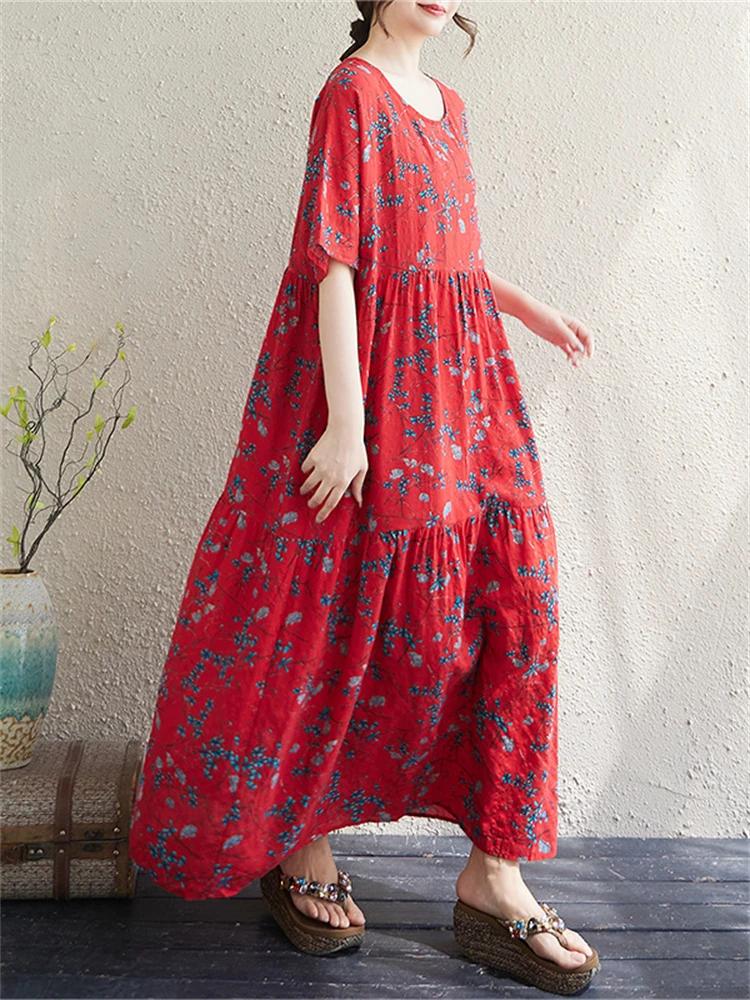 Summer Cotton Vintage Casual Loose Yellow Print Floral Dresses For Women Short Sleeve Dress Femme Robe Vestidos Elegant Clothing