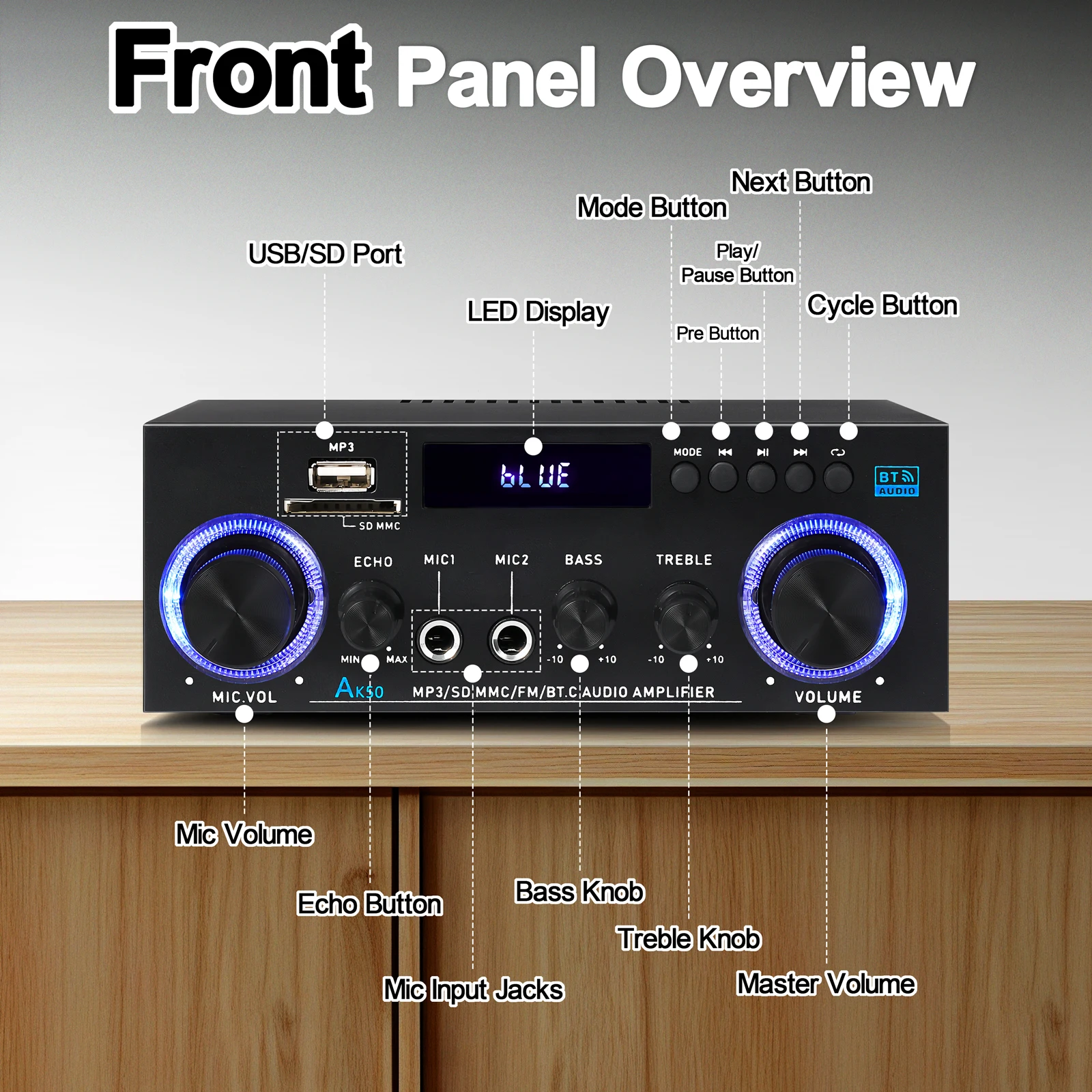 60W*2 Sound Amplifier AK50 HiFi Digital Bluetooth Power Amplifier Channel 2.0 FM