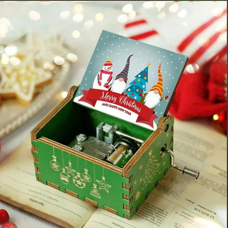 2025 Hot Wooden Hand Crank Music Box Christmas Theme Halloween Decoration Home Birthday Christmas Gift for Girlfriend 4