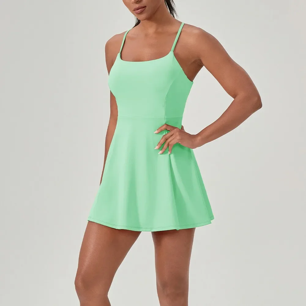 S-2XL One Piece Tennis Dress With Shorts&Chest Pads Golf Dress Workout Trainning Skirts Sleeveless Quick-Dry Athletic Dresses