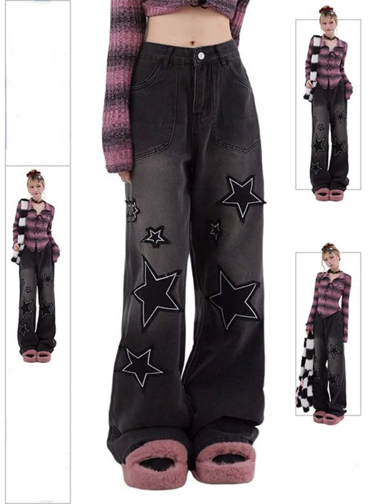 QWEEK Y2K Goth Star Black Baggy Jeans Women Cyber Punk Retro 90s Streetwear Denim Pants Vintage Hippie Grunge Wide Trousers