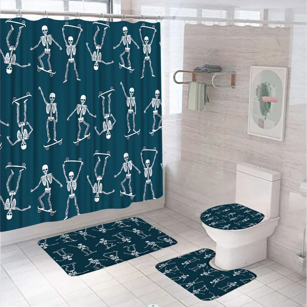 

Funny Skeleton Skateboard Shower Curtain Set Bathroom Decor Halloween Skull Soft Flannel Non-Slip Rug Toilet Lid Cover Bath Mat