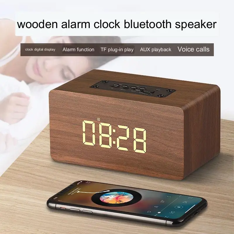 

Wireless Bluetooth Speaker Portable Wooden Gift Clock Mobile Phone Computer Small Stereo Alarm Clock Radio High Power