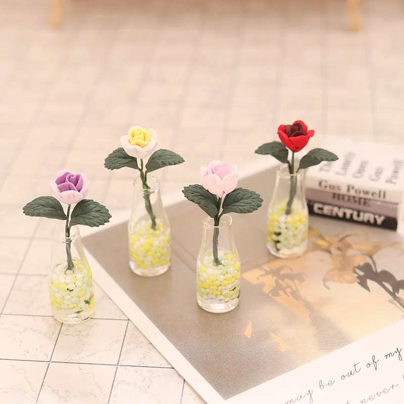 

1Pcs 1:12 Dollhouse Mini Rose Vase Flower Pot Model Furniture Accessories Doll House Home Decor Accessories Kids Pretend Toys