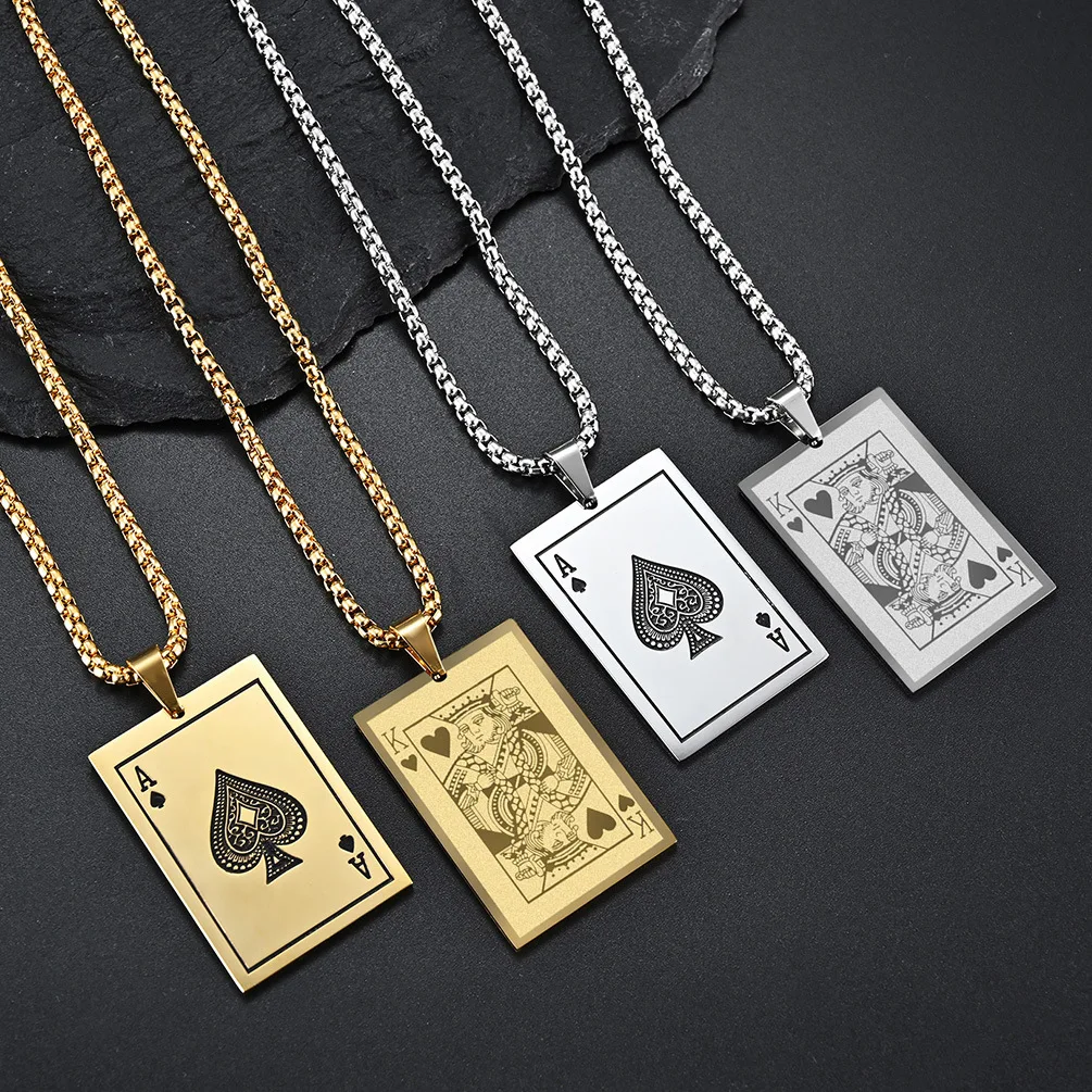 Lucky Poker Ace King Pendant Necklaces For Men Hip Hop Spades Stainless Steel Fashion Corn Chain Necklace Jewelry Gift Dropship