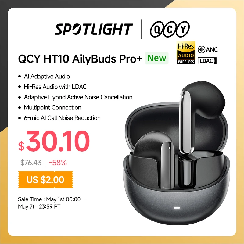 

QCY HT10 AilyBuds Pro+ ANC Wireless Earphone Hi-Res Audio with LDAC Bluetooth 5.3 Earbuds 6 Mic AI HD Call Multipoint Connection