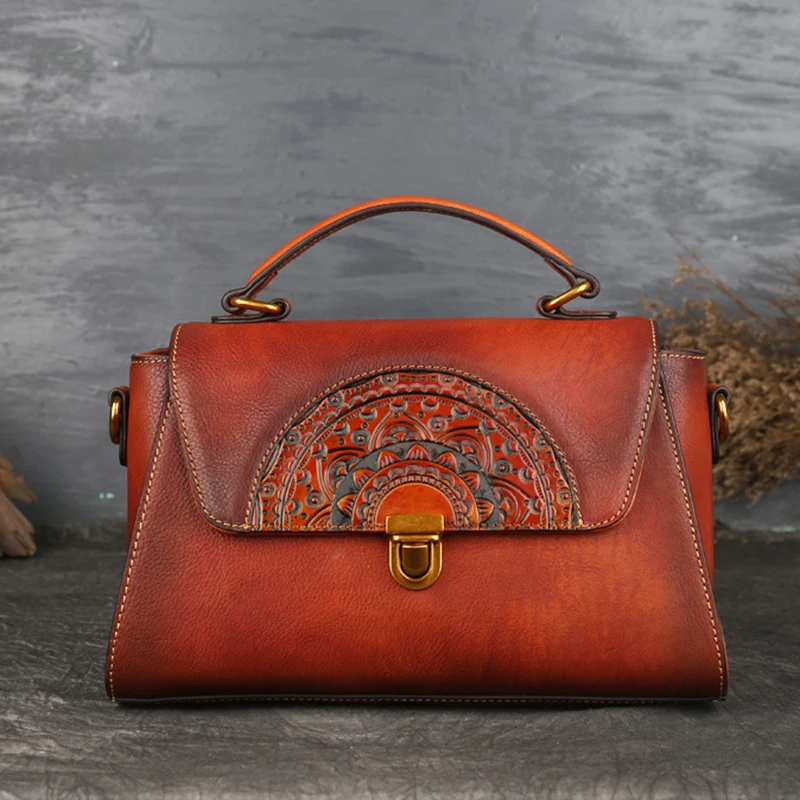 

Genuine Leather Messenger Top Handle Bag Handbag For Women Retro Totem Pattern Embossed Female Shoulder Cross Body Tote Bag