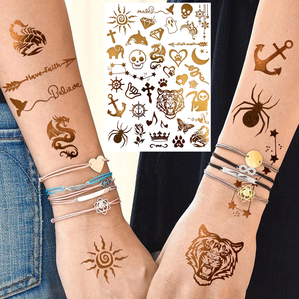 

3D Gadget Spider Tiger Temporary Tattoos For Women Kids Realistic Skull Moon Cross Fake Tattoo Sticker Gold Hand Washable Tatoos