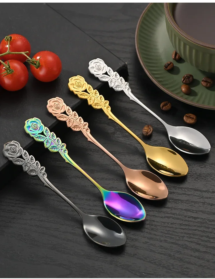 Mini 304 Stainless Steel Rose Handle Teaspoon for Dessert Coffee Ice Cream Stirring Tiny Spoon Tableware
