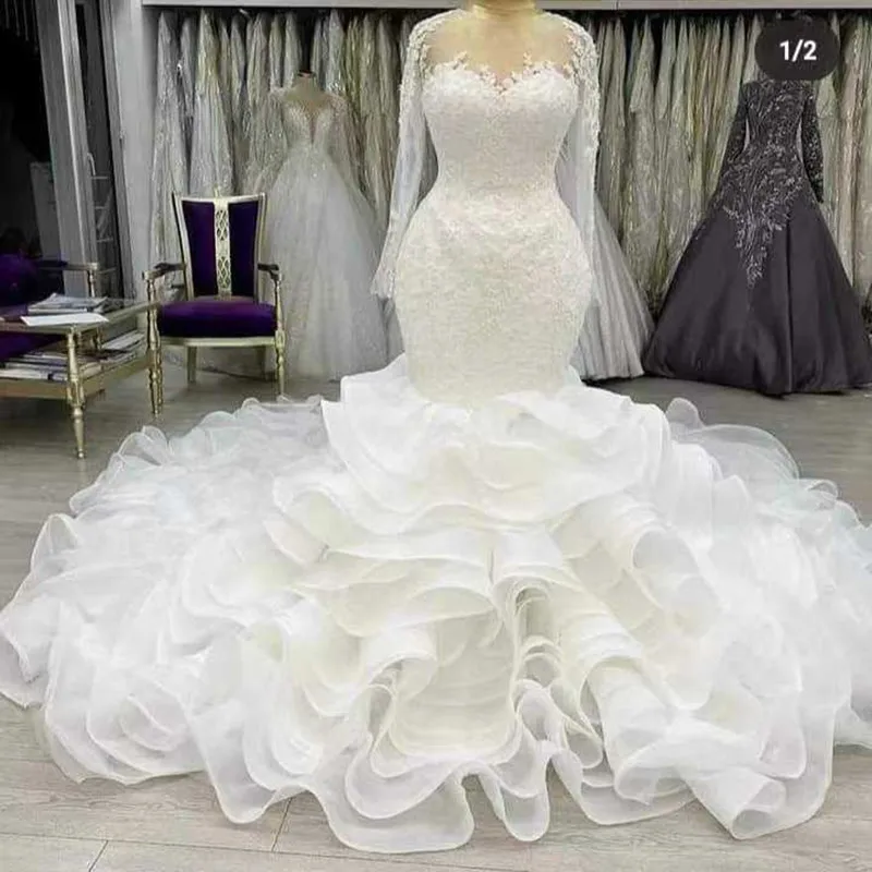 

Fashion Scoop Neck Heavy Lace Appliques Wedding Gown for Bride 2024 Plus Size Tiered Skirts Africa Bridal Gowns