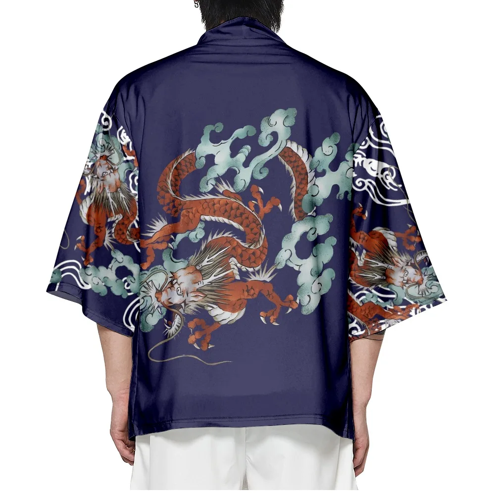 Plus Size 4XL 5XL 6XL Loose Women Men's Chinese Dragon Print Clothing Japanese Blue Kimono Cardigan for Summer