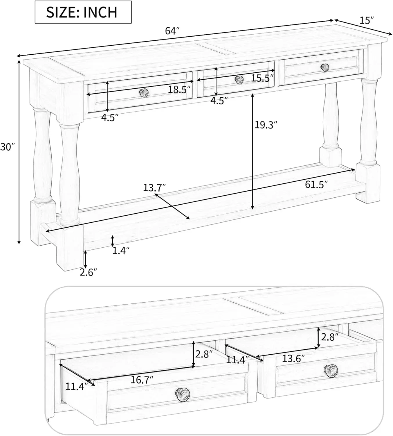 Console Table for Entryway Wood Sofa Table Storage Drawers Bottom Shelf for Hallway Living Room
