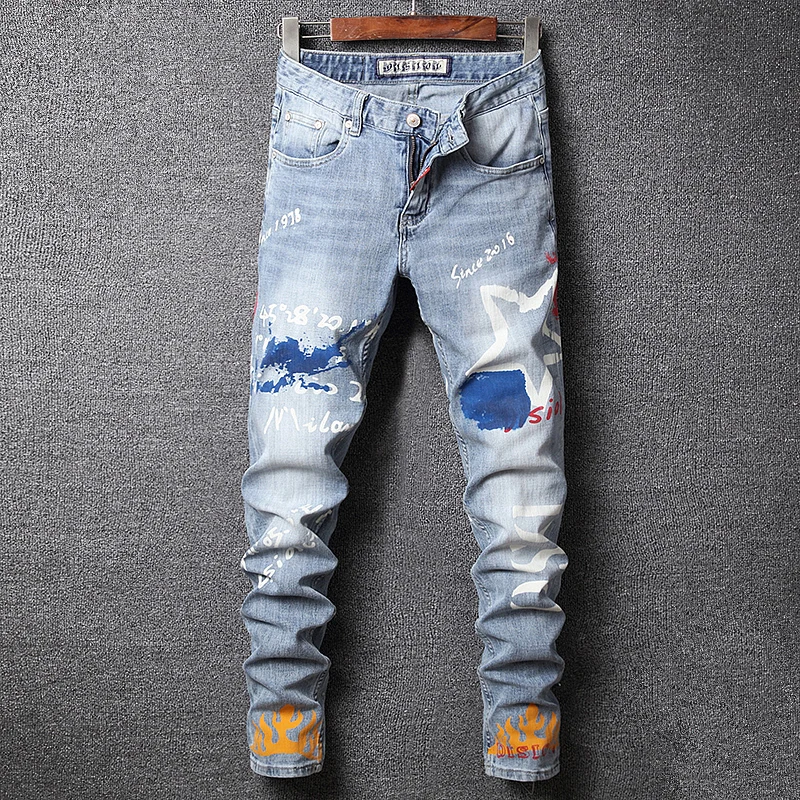 Street Fashion Men Jeans High Quality Retro Light Blue Slim Fit Printed Designer Jeans Men Hip Hop Denim Skinny Pants Hombre