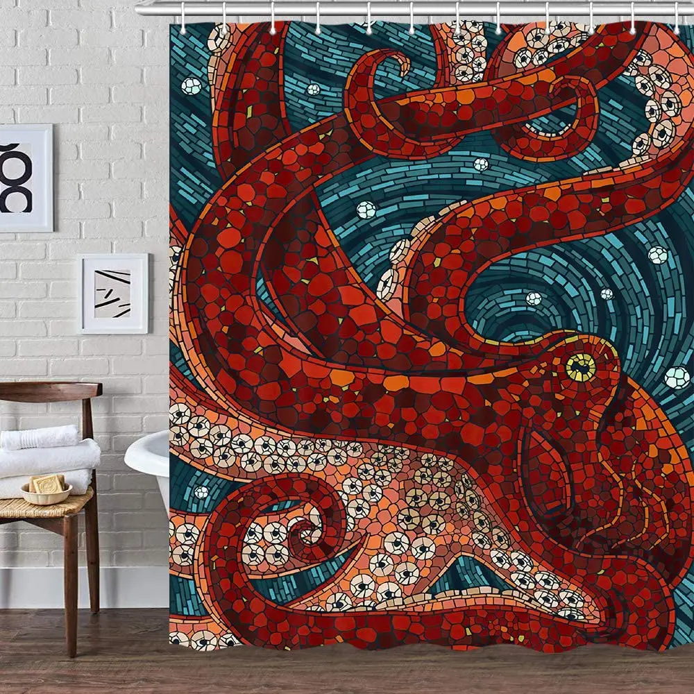 Tenda Da Doccia Octopus Per Bagno Cool Ocean Nautical Red Kraken Tende Da Doccia In Tessuto Set Trippy Funny Toilet Decor