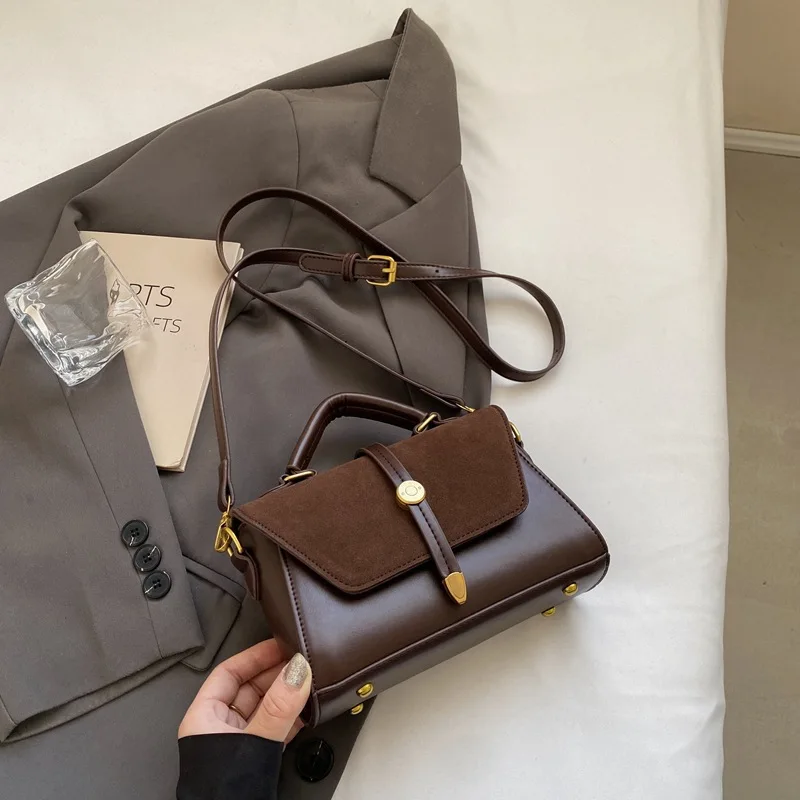 Chic Suede Splice Vintage Tote Bag, Elegant Handbag Women's Shoulder Crossbody Bag, Golden-Tone Hardware, Travel, Everyday Use