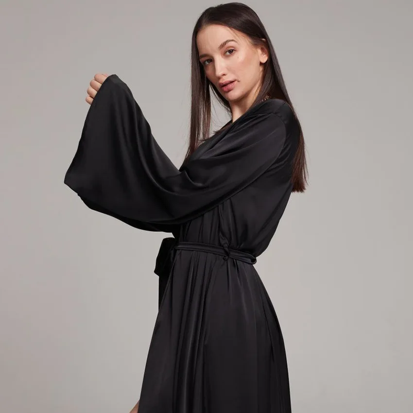 Women's Satin Long Bathrobe Long Sleeve V Neck Ladies Dressing Gown with Sashes Silk Like Solid Loose Kimono for Female Homewear