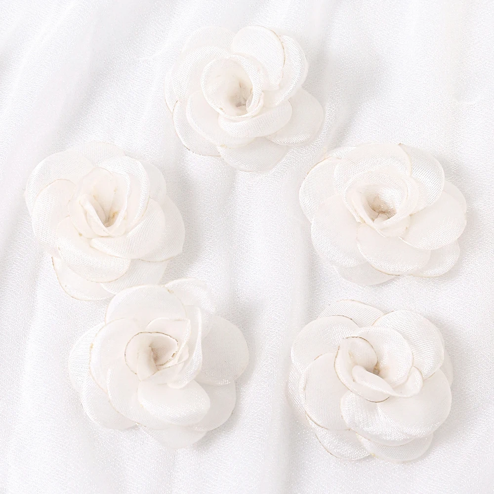 Elegant White Chiffon Camellia Rose Fabric Flowers - Set of 8