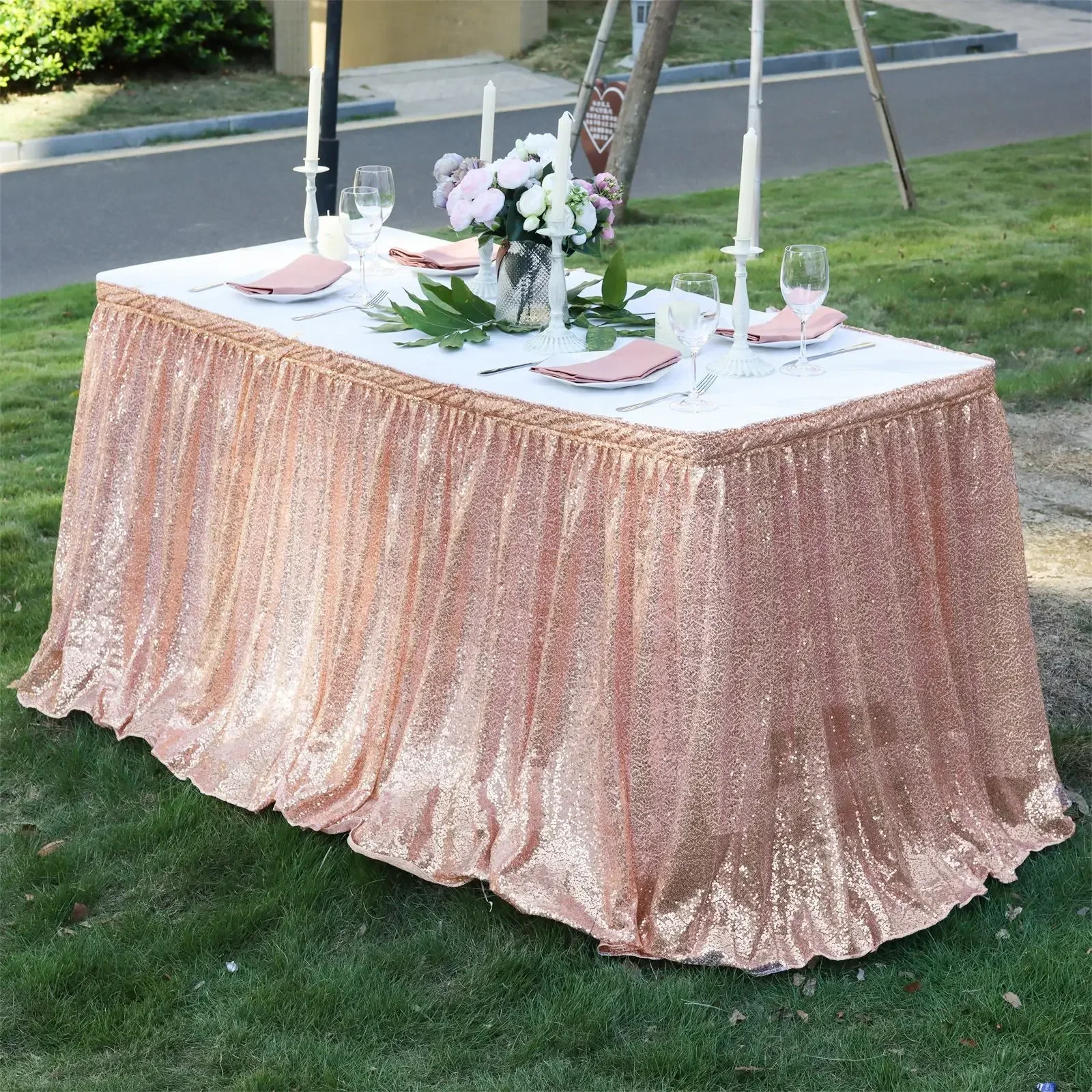 Gold Sequin Table Skirt Pleated Ruffle for Round Rectangle Square Table for Baby Birthday Party Banquet Wedding Christmas Table Skirt