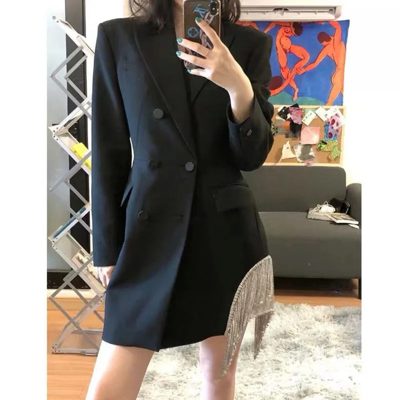 2021 Spring Autumn Indie Office Lady Work Blazer Fashion Black Tassel Blazers Women Solid Colors Double Breasted Mid-Length Suit