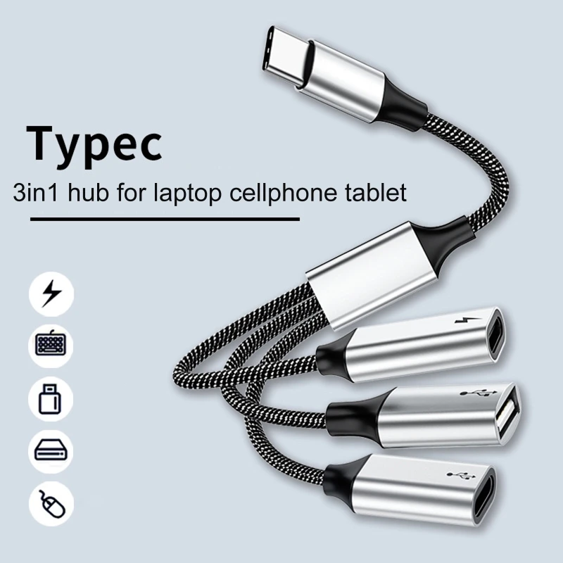 멀티포트 USB C 허브 3 in 1 Type C USB2.0 어댑터, 60W PD USB C 고속 충전+데이터 전송 분배기 53CF