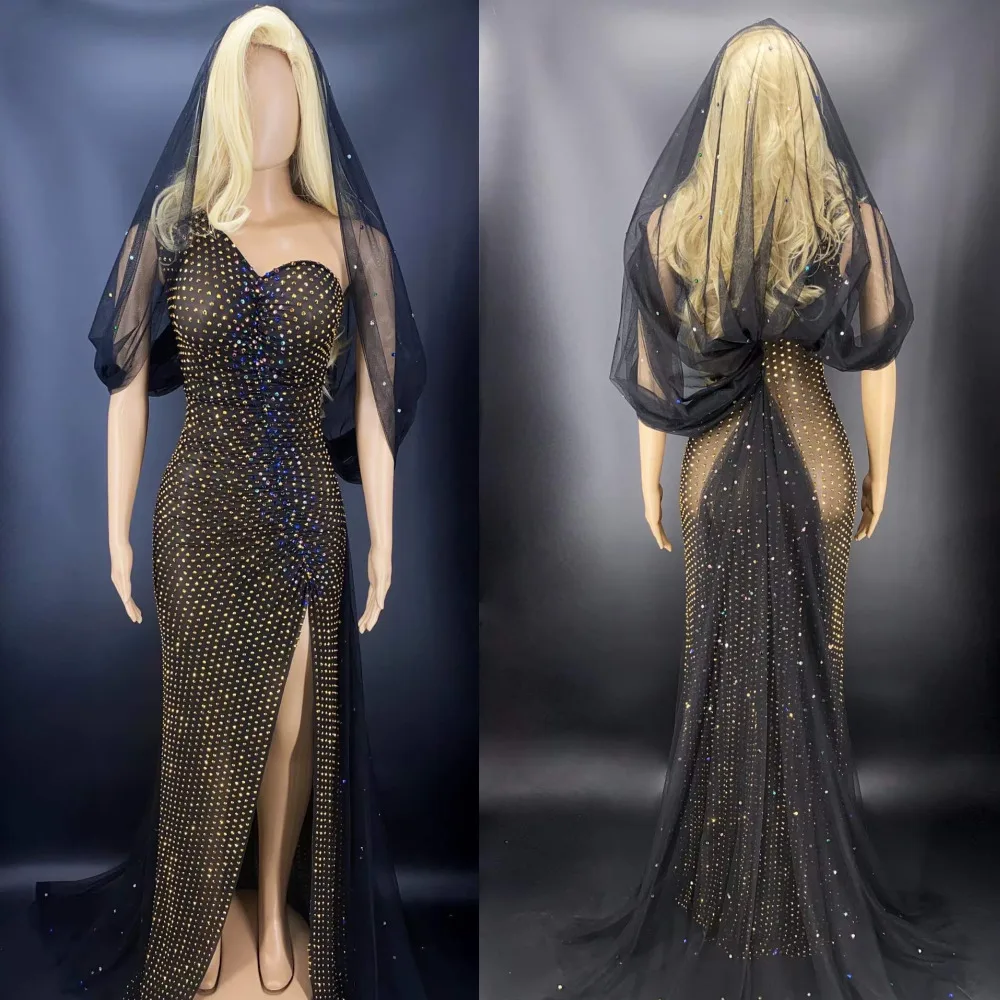 

Black Shining Rhinestones One Shoulder Gauze Lace Headdress Sexy Women Split Long Dress Festival Party Cloth Stage Costume