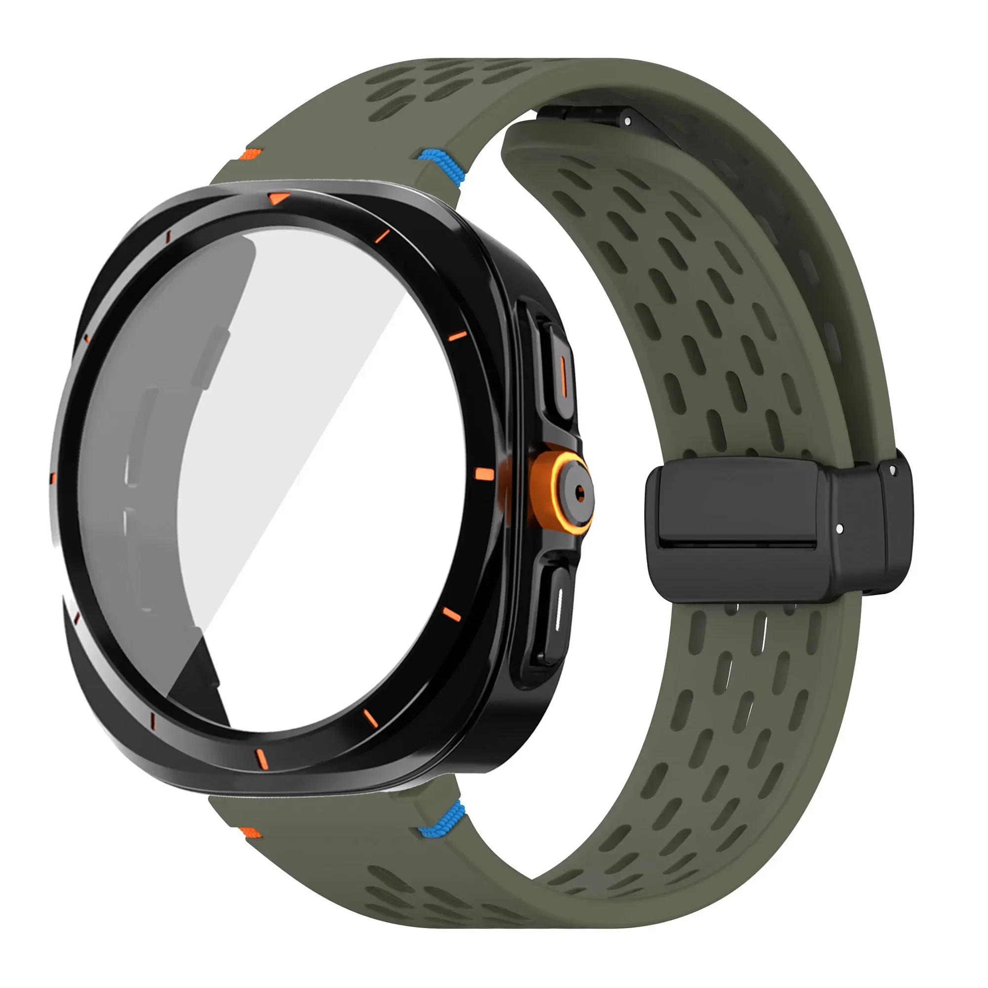 Silicone Magnetic Buckle Band with Tempered Glass Screen Protector and Case Strap
