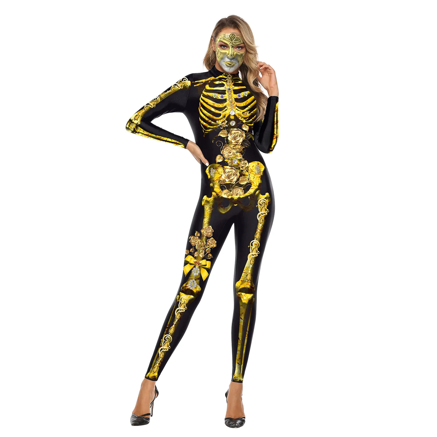 Carnival Party Scary Skeleton Rose Clown Jumpsuit Costume For Women Funny 3D Printed Romper Cosplay Halloween Outfit