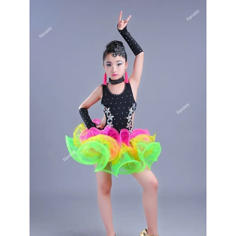 Kids Sequin Latin Dance Dress For Girls Fashion Cha Cha Salsa Tango Dance Outfit Stage Costume Performance Outfits Competition