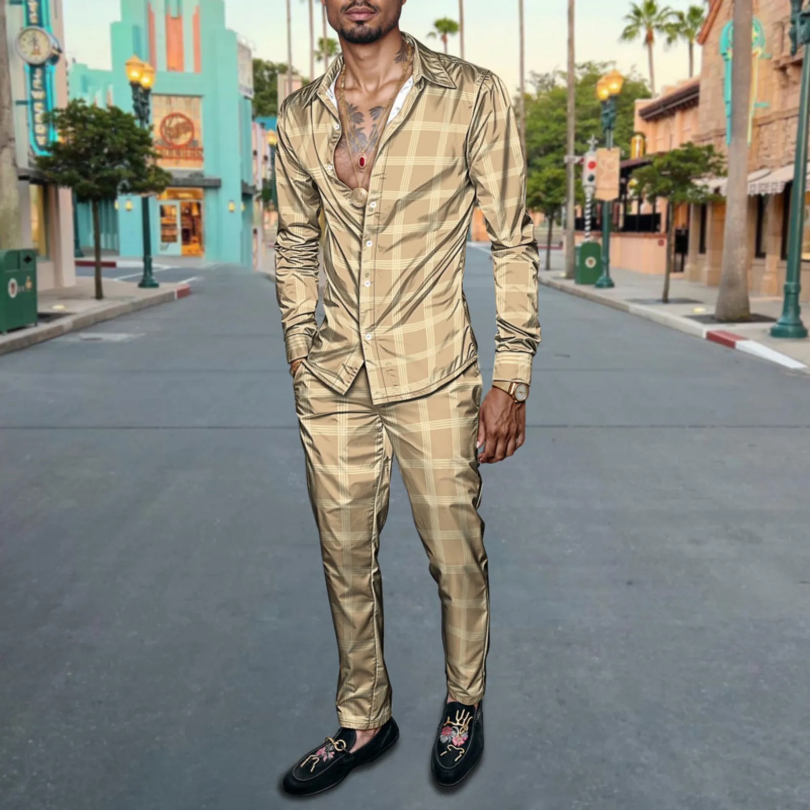 Conjunto de camisa de hombre primavera/verano 2025, estampado de marca, moda, sencillo, de dos piezas, traje de fiesta ligero de lujo para hombre, manga larga, nuevo St_voghion.com