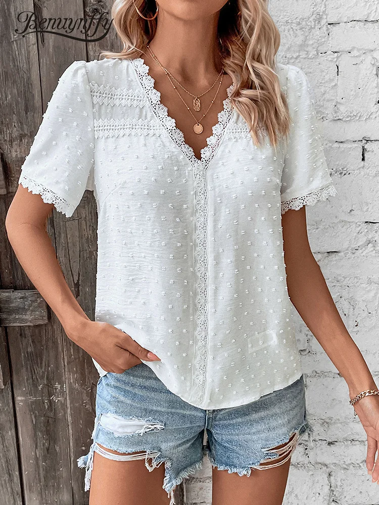 Benuynffy V-neck Lace Swiss Dot Solid Tops Blouse Women Fashion 2024 New Summer Short Sleeve Boho Sweet Casual Female Blouses