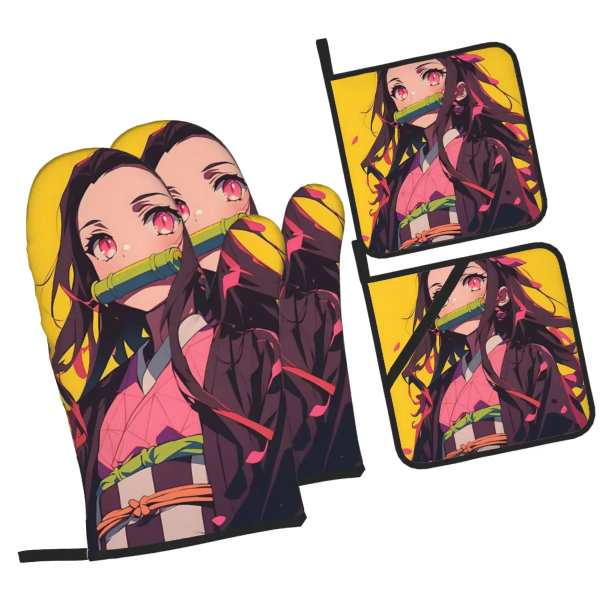 Nezuko Kimono Demon Slayer Kimetsu No Yaiba Anime Oven Mitts and Pot Holder Sets of 4 for Baking Kitchen Cooking Grilling Gloves