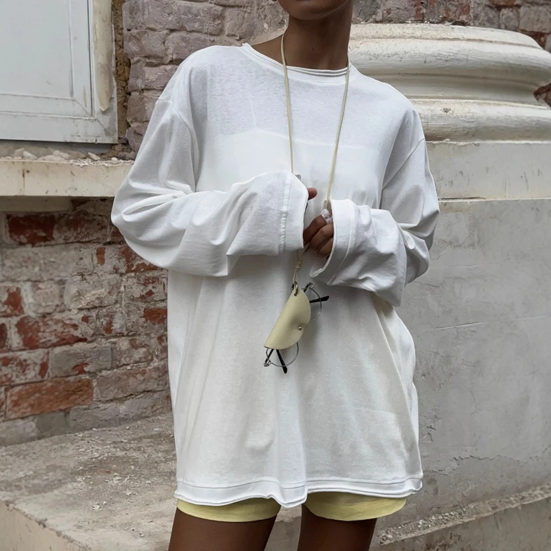 Women's New O-neck Long Sleeve T - Shirt Soft Fabric Oversized Trendy Knot Front Spring Autumn Fashion Tops