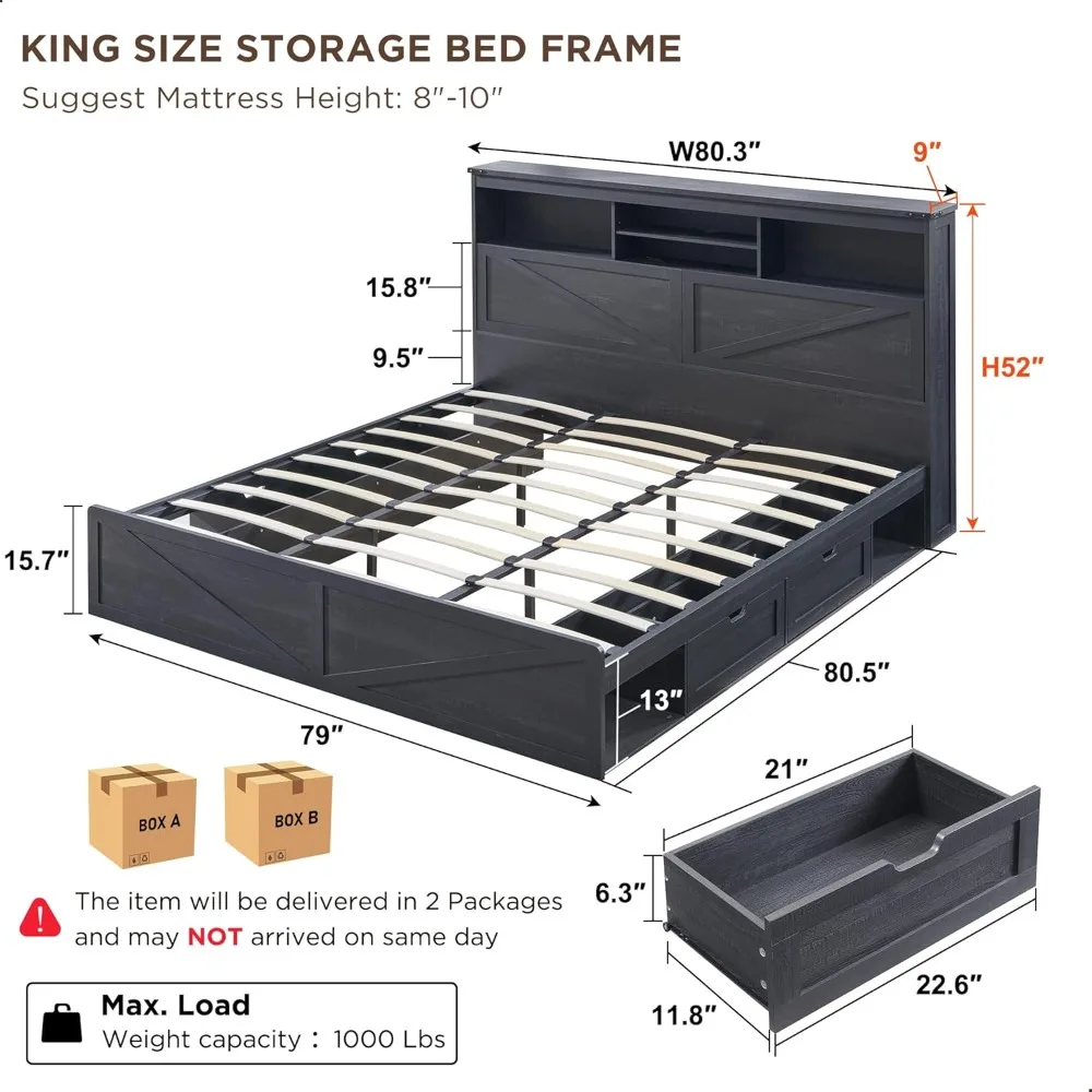 King Wood Bed Frame W/ 52" Tall Storage Headboard and 4 Drawers,LED Light,Charging Station, Solid Wood Slats Support, Bed Frame 3
