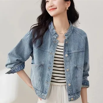Retro Female Short Washing Cowboy Jacket Korean Women Stand-up Collar Long Sleeved Denim Coat 2024 Ladies Solid Color Jeans Tops 1
