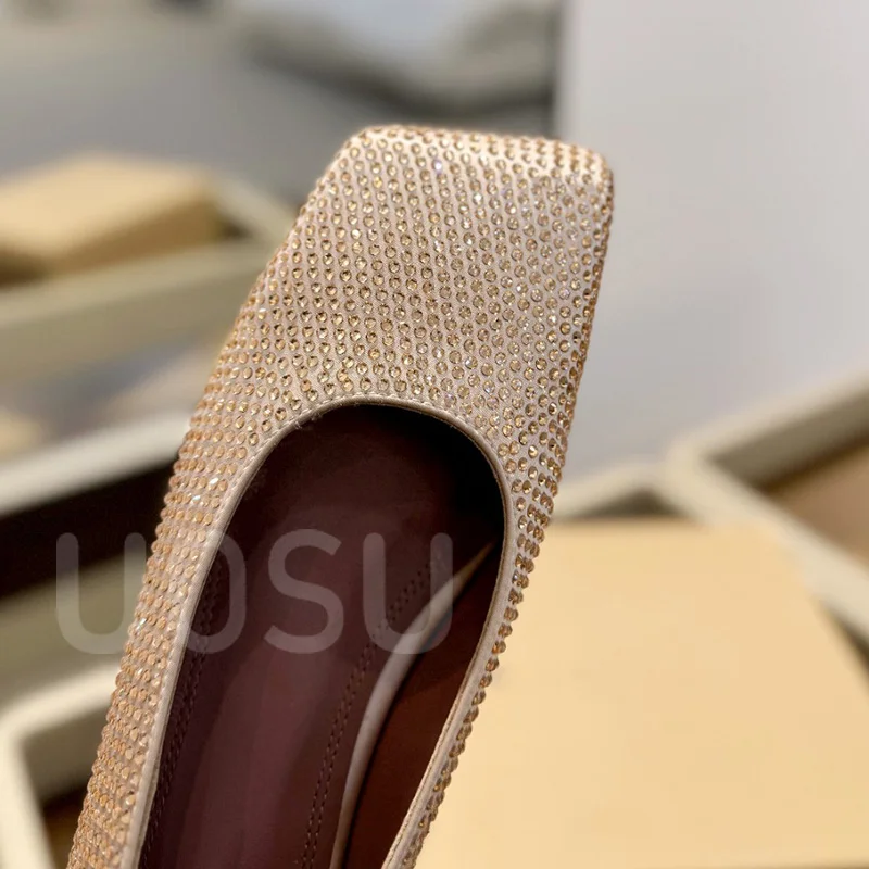 Spring and Autumn Women's Shoes Designer Luxury Full Crystal Shallow Banquet Ladies Shoes Square Toe Ballet Shoes Dresses