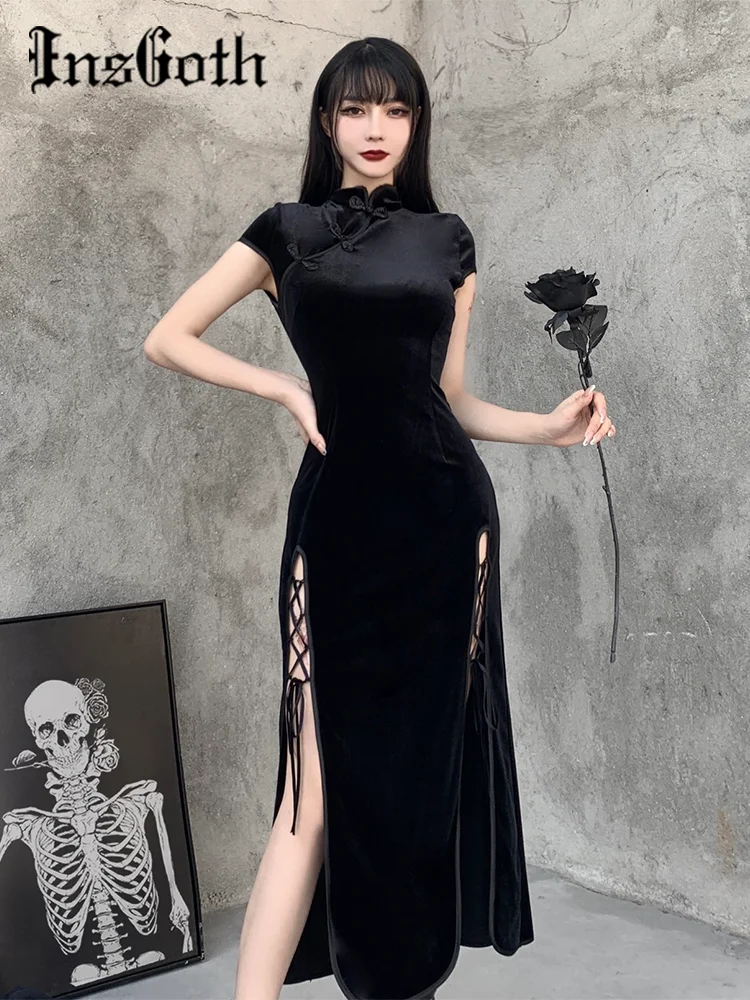 

Retro Cheongsam Black Dress Goth High Waist Bandage Patchwork Midi Dress Women Elegant Bodycon Short Sleeve Party Dress
