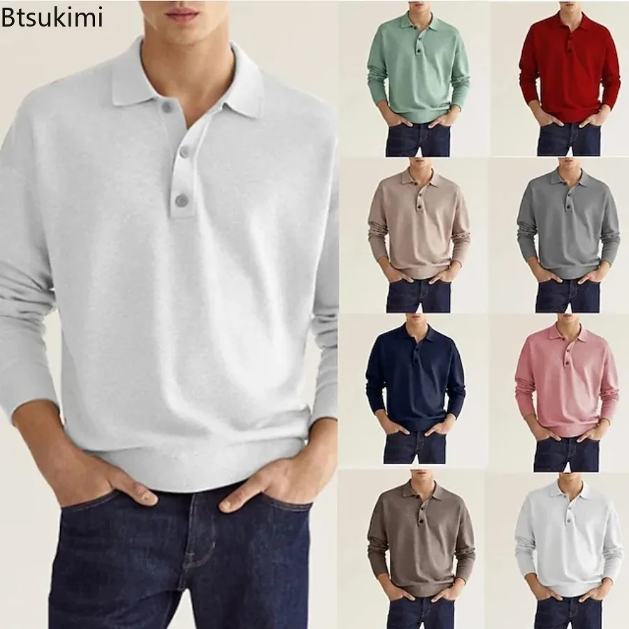 

New 2024 Spring Autumn Men's Solid V-neck Long-sleeved T-shirts Fashion Casual Button Pullovers Tops Outdoor Polo Shirts for Men