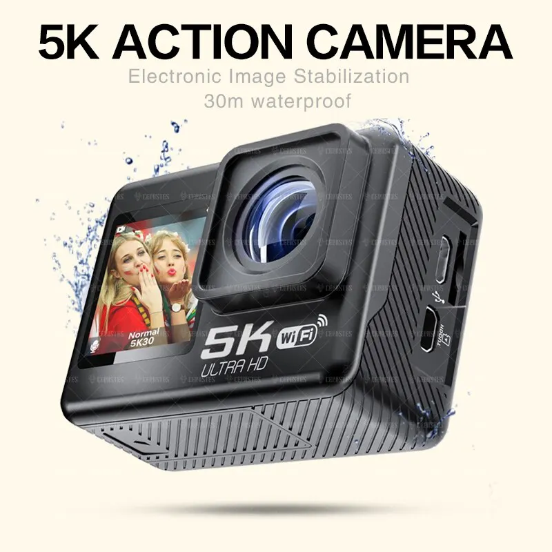Action Camera CERASTES 5K WiFi Anti-shake Action Camera 4K 60FPS Dual Screen 170&deg; Wide Angle 30m Waterproof Sport Camera With Remote Control