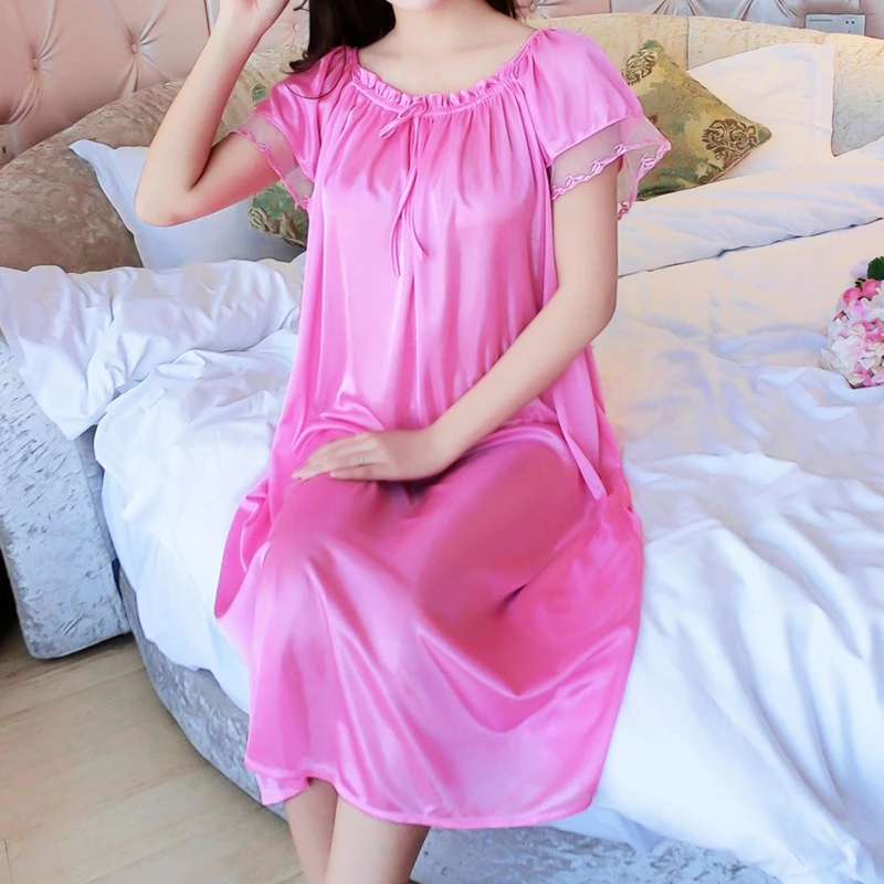 Women Night Gowns Sleepwear Lace Patchwork Nightwear Long Sleeping Dress Casual Ladies Home Dressing